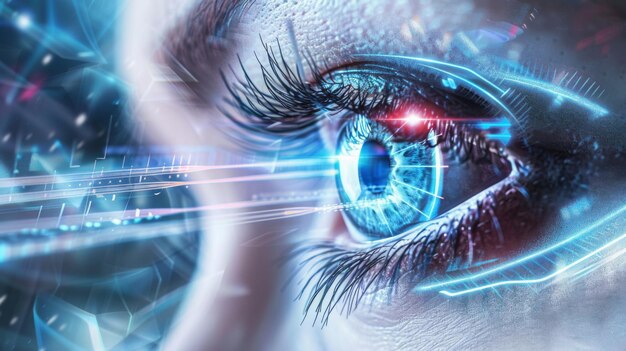 Близкий взгляд на человеческий глаз с процедурой лазерной коррекции зрения Lasik и лучами, входящими в роговицу