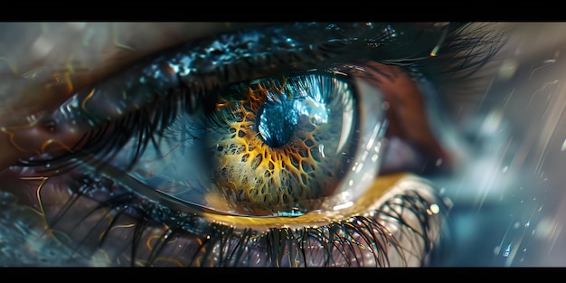 鮮やかな青いアイリスと豊かな眉毛を持つ人間の目のクローズアップ 高解像度の詳細な画像 医療用または美のコンセプト 魅力的な視力と眼のケア 表現 AI