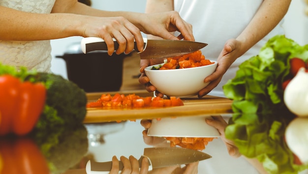 Closeup of human hands cooking in kitchen Mother and daughter or two female friends cutting vegetables for fresh salad Friendship family dinner and lifestyle concepts