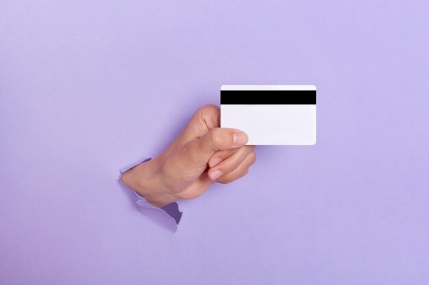 Closeup of human's hand holds an empty black business credit card breaking through purple paper wall copy space for advertisement or promotion