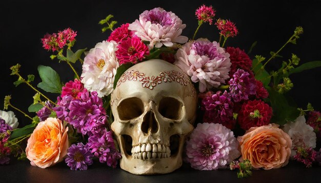 Closeup of human skull and lush flowers on black background