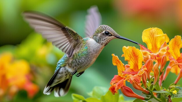 Photo closeup of a hummingbird sipping in a display of artistic expression