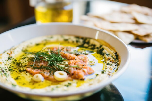 Closeup of hummus drizzled with olive oil and chickpeas