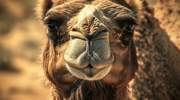 Foto close-up di un cammello gobbo con le labbra asciutte e gli occhi affondati che lotta per sopravvivere in un deserto