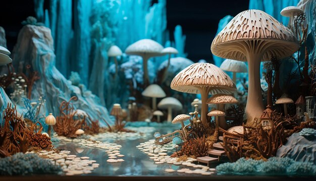 Closeup of a hyperrealistic fiber art diorama scene from wonderland