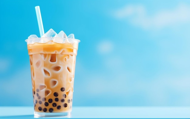 Closeup of Ice Bubble or Boba Milk Tea in Plastic Cup Generative AI