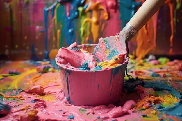 Closeup of ice cream scoop digging into colorful tub