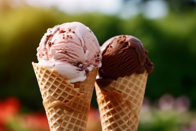 Фото Вафельный рожок мороженого крупным планом на фоне летнего света природы