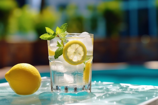 Крупный план ледяного лимонада с ломтиками лимона и мятными листьями летом