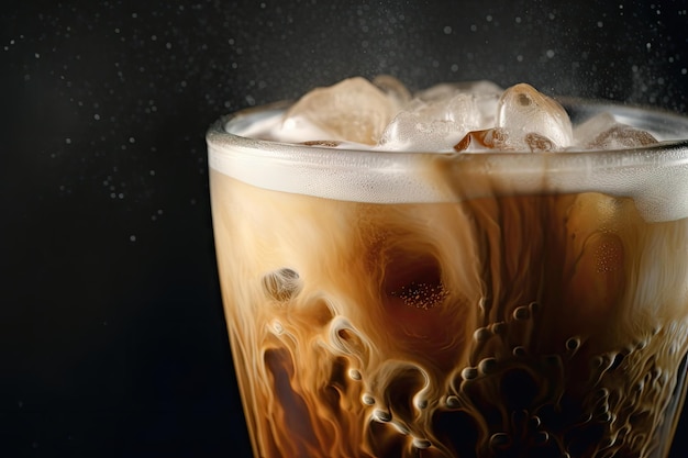Closeup of iced coffee latte with steam and condensation visible created with generative ai