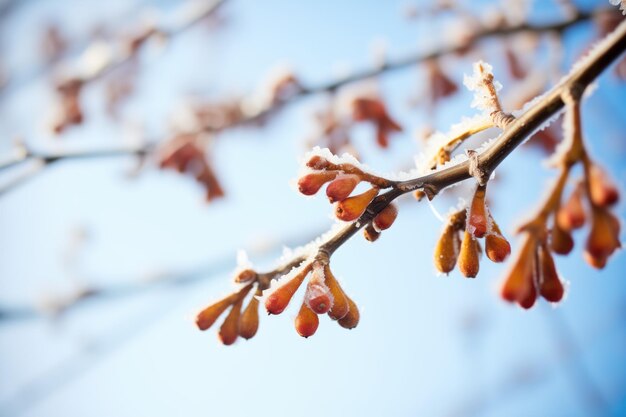 Closeup of iced grape branches against blue sky