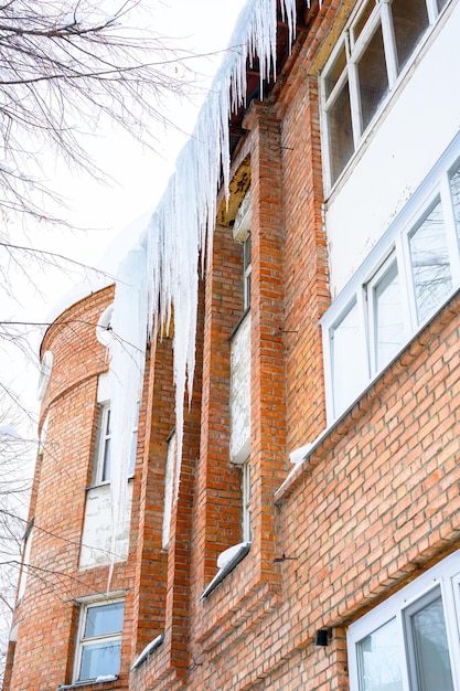 Closeup of icicles on the roof