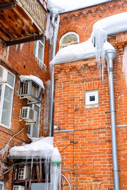 Closeup of icicles on the roof