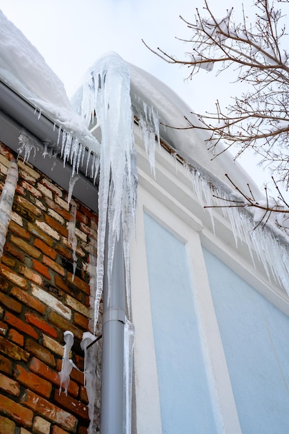 Closeup of icicles on the roof