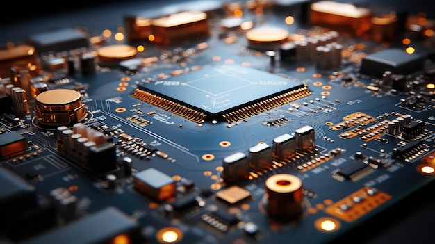 Closeup of an illuminated detailed circuit board