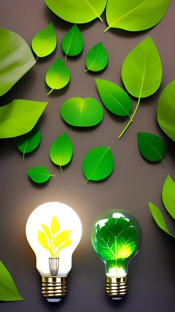 Closeup of illuminated eco friendly light bulb against gray background