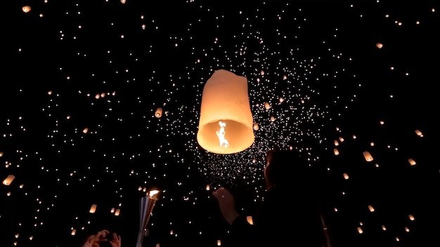 CloseUp Of Illuminated Lantern Lights At Night sky