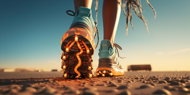 Closeup of illuminated sneakers as a girl goes for a morning run