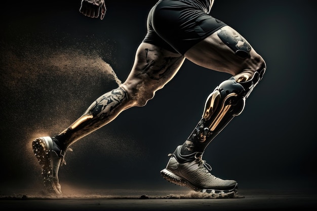 Closeup illustration of an athlete's legs with prosthetics in the style of the future AI Generation