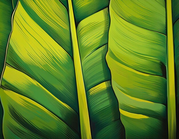 Photo closeup illustration of banana leaves with detailed textures on bright background
