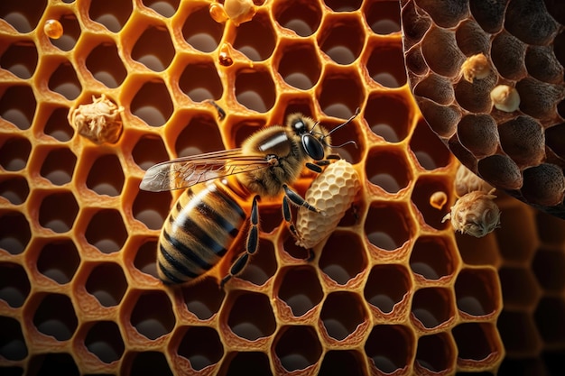 Closeup illustration of bees inside a hive of honey AI Generation