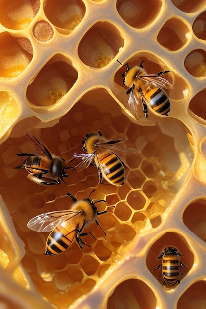 Closeup illustration of bees inside a hive of honey background