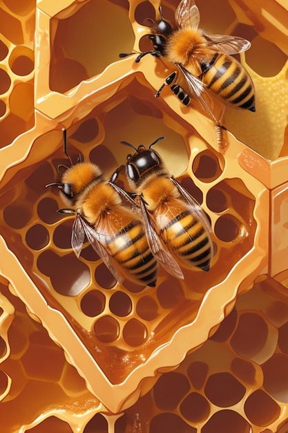 Closeup illustration of bees inside a hive of honey background