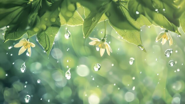 Photo a closeup illustration of fresh spring raindrops hanging delicately on new green leaves and flower petals reflecting the rejuvenating showers of the season