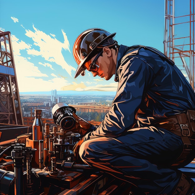 Closeup illustration of a gas welder worker in overalls and a helmet working on a tower