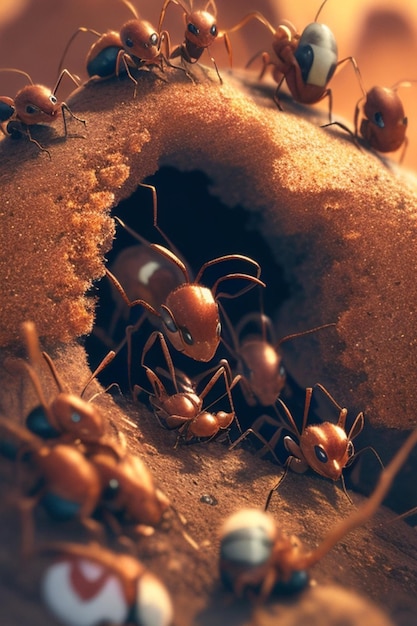 Closeup illustration of nesting ants background