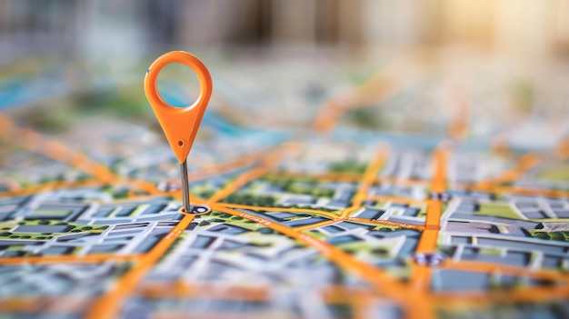 A closeup image of a 3D pushpin on a detailed city map The pushpin is orange and made of plastic The map is folded and has a blurry background