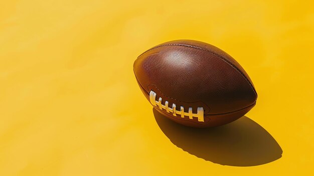 Photo closeup image of an american football on a bright yellow background with shadows the ball is brown and has white stripes
