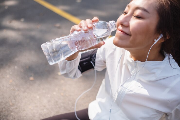 Photo 都市公園でジョギングした後、ボトルから水を飲むアジアの女性ランナーのクローズアップ画像