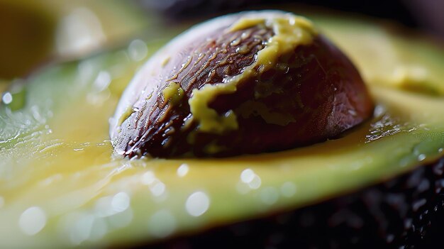 A closeup image of an avocado pit The pit is brown and has a rough texture The avocado flesh is green and smooth