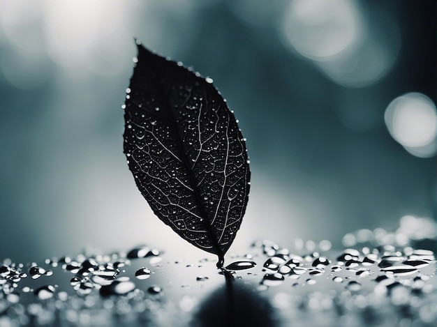 Closeup image of a black leaf with water droplets high contrast iPhone background generated by AI