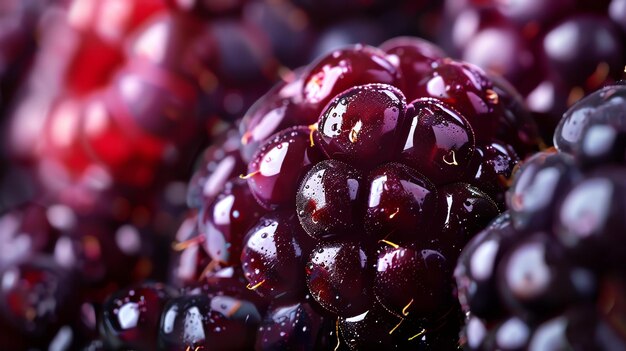 A closeup image of a blackberry The blackberry is dark purple and juicy with a few water droplets on its surface