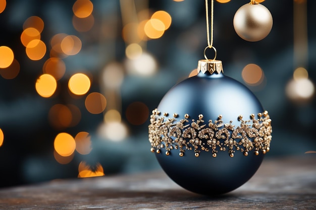 Closeup image of a blue christmas ball with gold decoration on a blurred background with bokeh