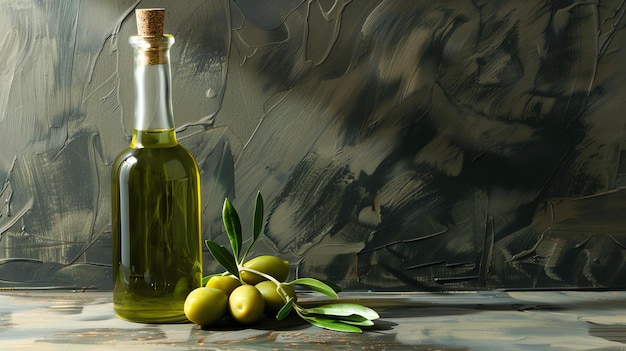 Photo a closeup image of a bottle of olive oil and olives on a rustic wooden table