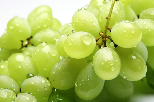 A closeup image of a bunch of green grapes with water drops on the surface isolated on a white
