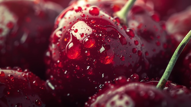 A closeup image of a bunch of ripe cherries with water drops on the surface The cherries are red and juicy and the water drops are clear and