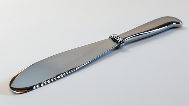 Близкий снимок масляного ножа с зубчатым краем Нож сделан из нержавеющей стали и имеет серебряную отделку