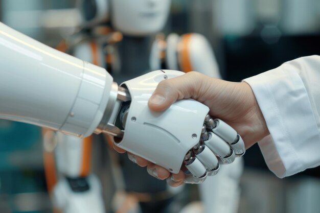 Photo closeup image capturing a symbolic handshake between a human and a robot representing collaboration