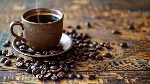 Photo a closeup image of a ceramic cup of coffee on a saucer with coffee beans scattered on a wooden table