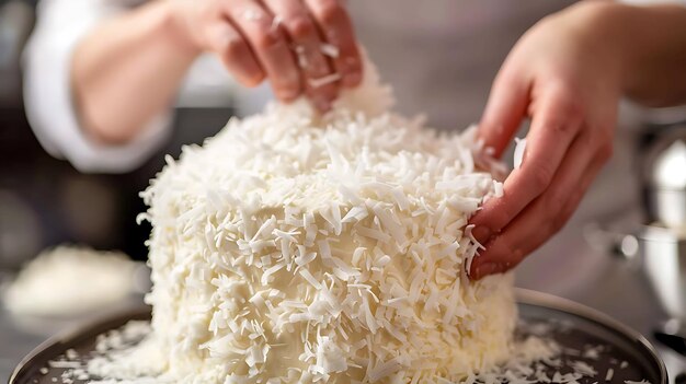 A closeup image of a chefs hands sprinkling coconut flakes on a cake The chef is wearing a white uniform and the cake is on a black plate