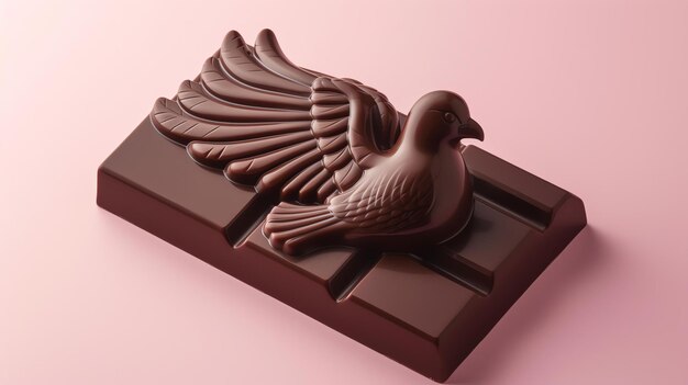 A closeup image of a chocolate bar with a dove on top of it The chocolate bar is sitting on a pink surface The dove is facing the viewer