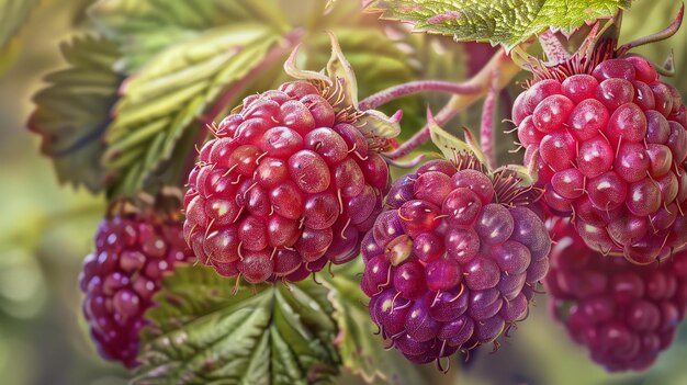 A closeup image of a cluster of ripe red raspberries on a branch with green leaves