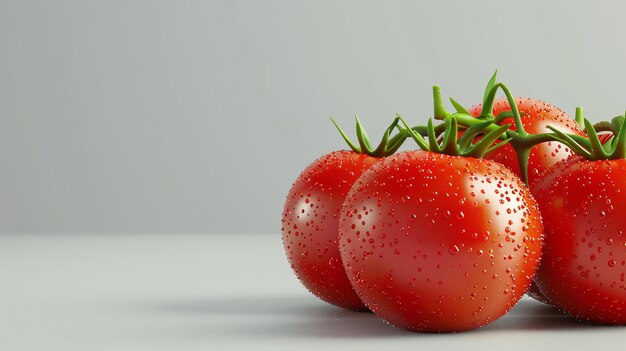 A closeup image of a cluster of ripe red tomatoes with water droplets on their skin