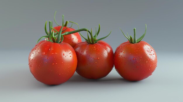 A closeup image of a cluster of ripe tomatoes The tomatoes are red round and have a smooth skin The tomatoes are covered in water droplets