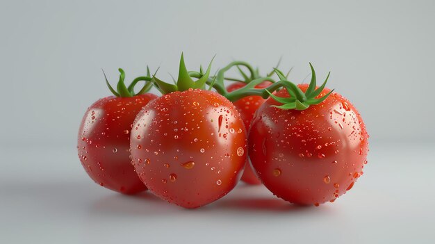 A closeup image of a cluster of ripe tomatoes on the vine The tomatoes are red round and juicylooking with green stems and leaves