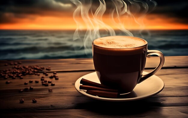 близкое изображение чашки кофе на столе возле окна с видом на море